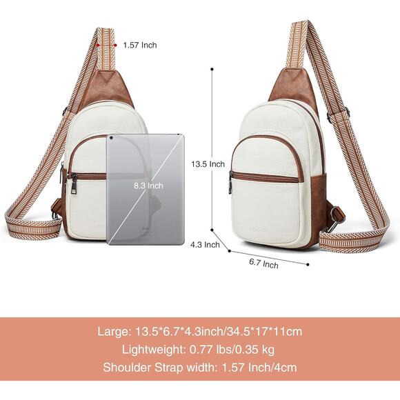 Vegan Leather Sling Crossbody Bag – White & Brown w/ Wide Strap (5-1b) - Picture 2 of 6